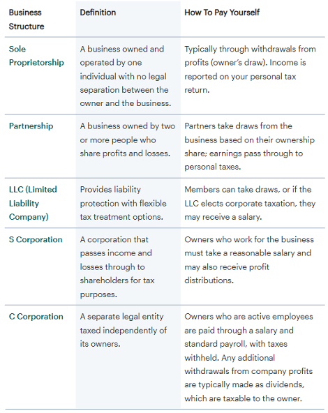 a quick overview of how different business types handle payments to their owners